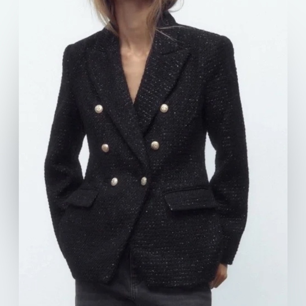 JASON WU Sz L Textured Fabric Double-Breasted Blazer with Gold Toned Buttons